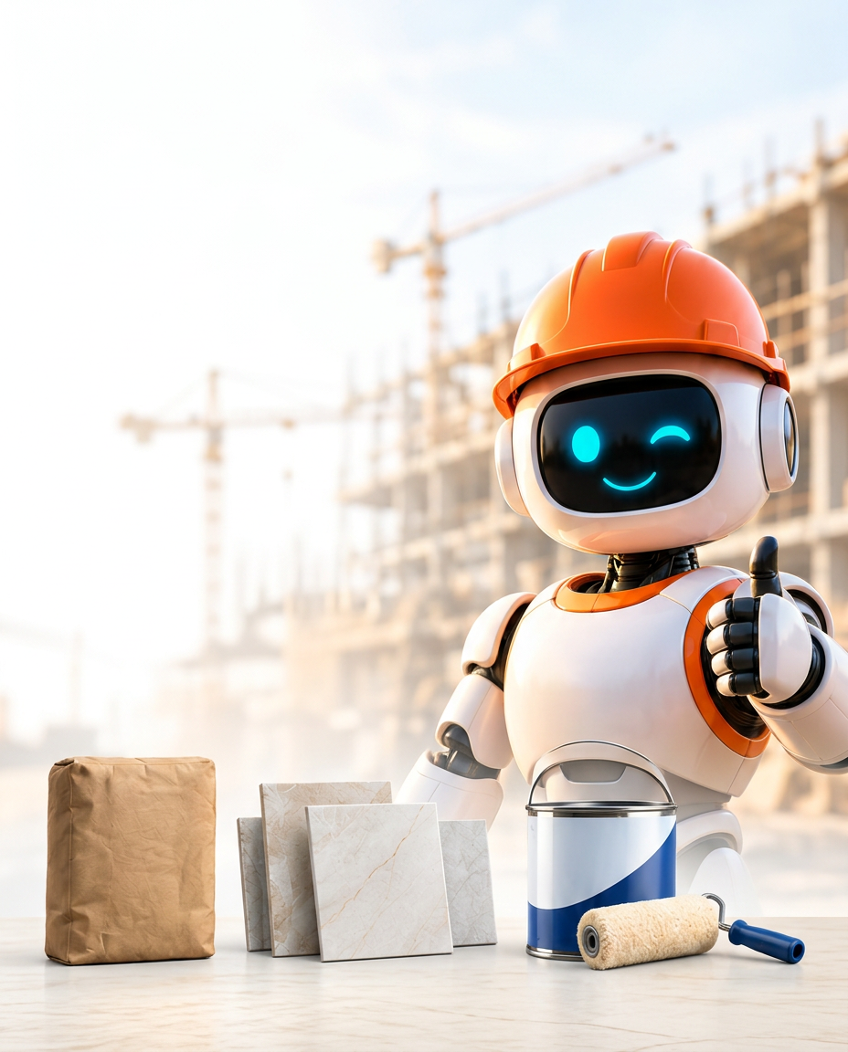 Robô do Obra Mais Barato com capacete laranja ao lado de materiais de construção